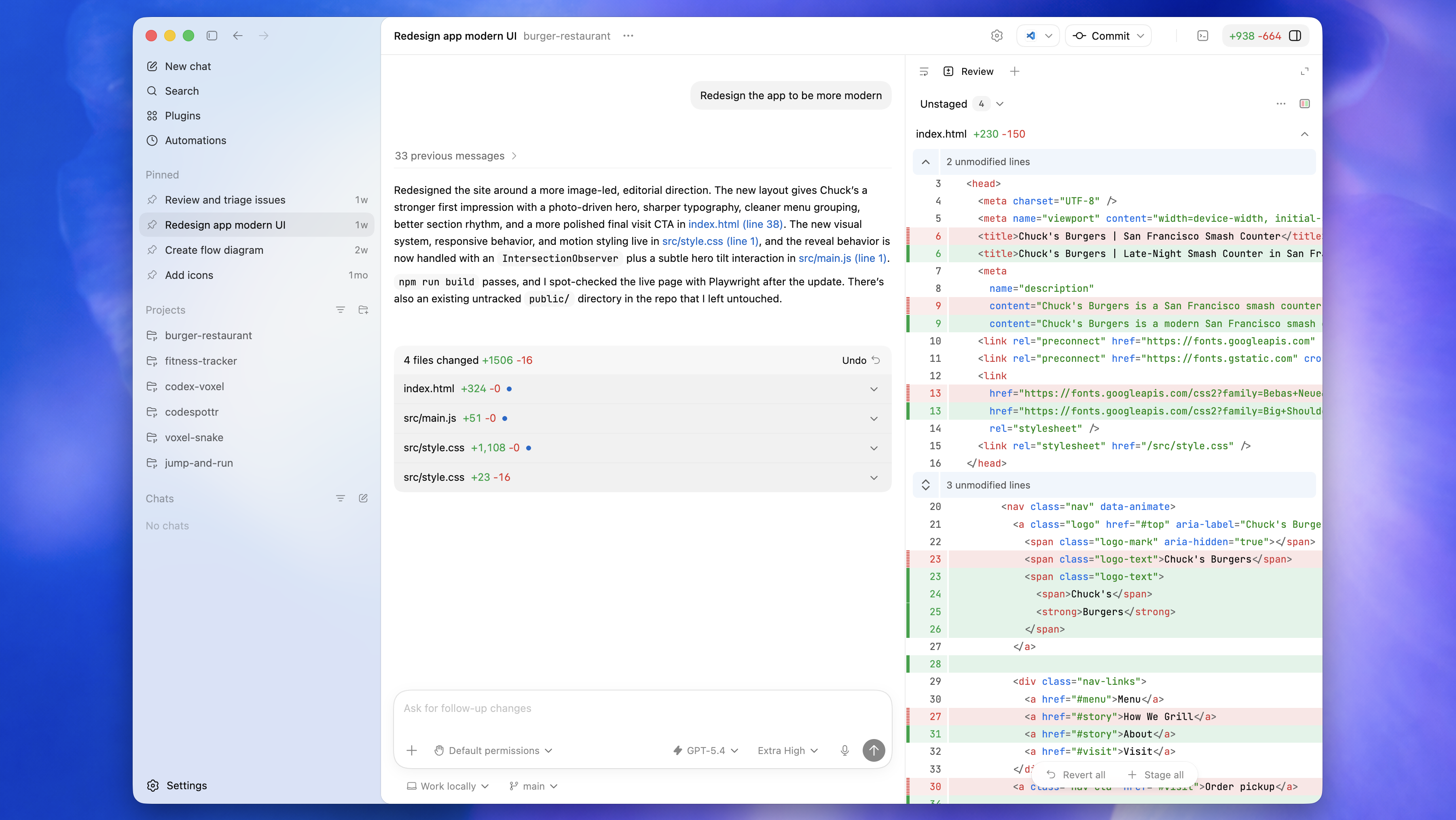 Codex 桌面应用窗口——项目侧边栏、活跃线程和审查面板