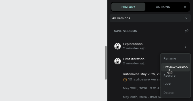 Open the version menu to preview a saved version.