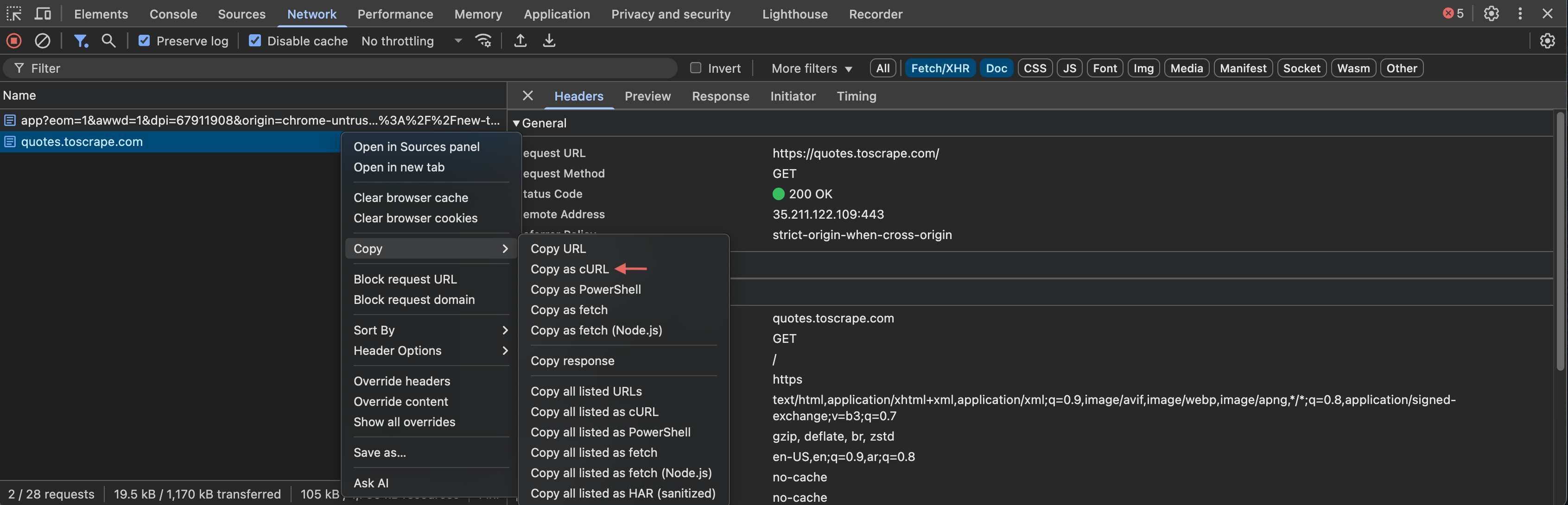 在 Chrome 中将请求复制为 curl 命令